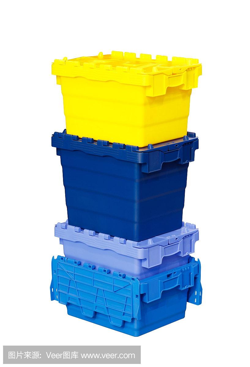 彩色的塑料盒容器隔离在白色的背景。仓储理念,物流理念